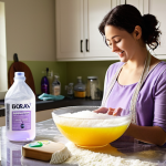 A well-lit, inviting scene of a woman in a modern kitchen joyfully mixing natural ingredients (washing soda, borax, grated castile soap) in a large glass bowl, preparing homemade laundry detergent. Essential oil bottles (lavender, tea tree, lemon) are neatly arranged nearby. Focus on conveying a sense of natural cleanliness and empowerment.