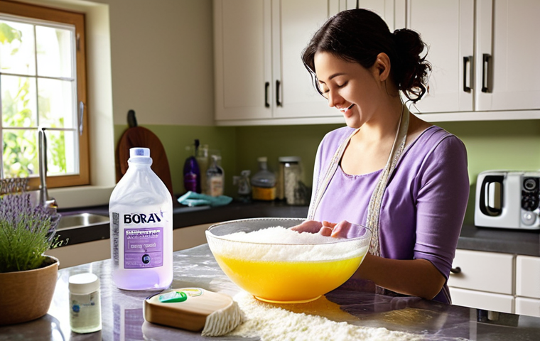 A well-lit, inviting scene of a woman in a modern kitchen joyfully mixing natural ingredients (washing soda, borax, grated castile soap) in a large glass bowl, preparing homemade laundry detergent. Essential oil bottles (lavender, tea tree, lemon) are neatly arranged nearby. Focus on conveying a sense of natural cleanliness and empowerment.