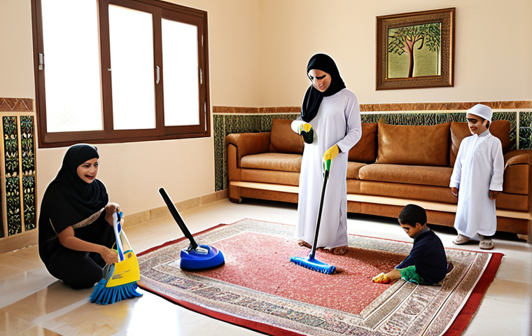 **
* **Prompt:** A bright, inviting Arabic home with a family (mother, father, and two young children) happily cleaning together using a single, multi-purpose eco-friendly cleaner. Focus on the cleanliness and family bonding. In the background, subtle imagery emphasizing nature and a healthy environment.
**