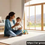 DIY로 친환경 세제 만들기  필요한 재료 목록 - **Prompt:** A warm, naturally lit indoor scene depicting a contented Arab mother in her early 30s, d...