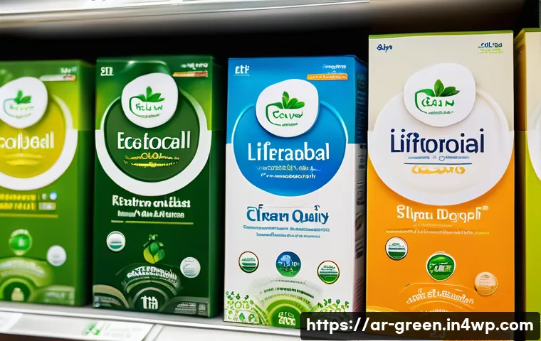 친환경 세제의 법적 규제와 인증 - A modern Middle Eastern eco-friendly cleaning product display in a bright, clean store shelf setting...