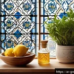 주방용 친환경 세제 제조법 - A bright and clean modern Arabic kitchen interior featuring natural cleaning ingredients arranged ne...