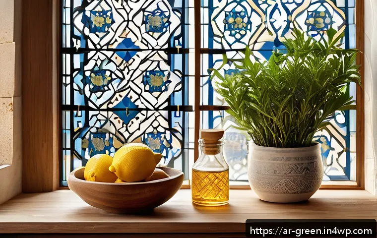 주방용 친환경 세제 제조법 - A bright and clean modern Arabic kitchen interior featuring natural cleaning ingredients arranged ne...