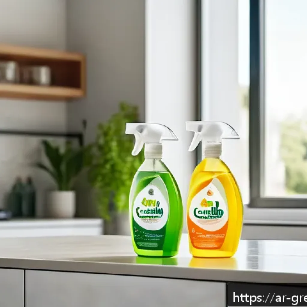 친환경 세제의 성분 분석과 효능 - A bright, modern kitchen scene featuring natural eco-friendly cleaning products on a countertop, wit...