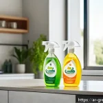 친환경 세제의 성분 분석과 효능 - A bright, modern kitchen scene featuring natural eco-friendly cleaning products on a countertop, wit...