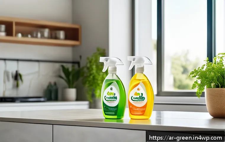 친환경 세제의 성분 분석과 효능 - A bright, modern kitchen scene featuring natural eco-friendly cleaning products on a countertop, wit...