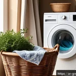 친환경 세제로 피부에 좋은 세탁 방법 - A cozy Middle Eastern home laundry scene featuring a modern washing machine surrounded by natural cl...