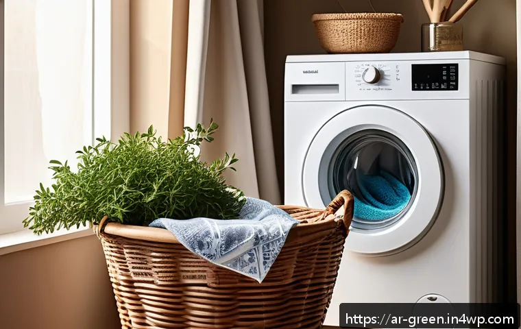 친환경 세제로 피부에 좋은 세탁 방법 - A cozy Middle Eastern home laundry scene featuring a modern washing machine surrounded by natural cl...