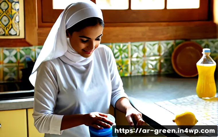천연 세제를 활용한 생활 속 환경 보호 - Photorealistic sunlit Arab family kitchen, a modestly dressed woman wearing long sleeves and a heads...